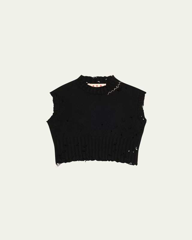 Distressed Knit Cotton Boxy Cropped Vest
